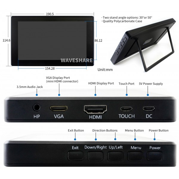 Waveshare 7 inch HDMI IPS-TFT-LCD (H) Display 1024*600 pixels with Touchscreen and Case - Raspberry Pi Compatible