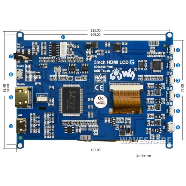Waveshare 5 inch HDMI TFT-LCD (G) Display 800*480 pixels with Touchscreen - Raspberry Pi Compatible