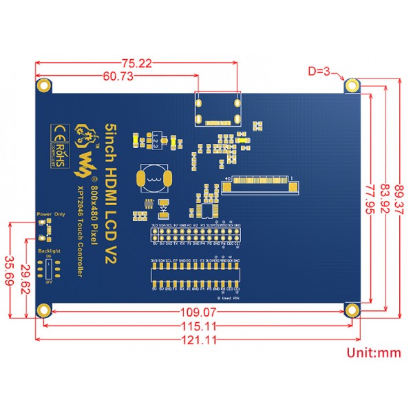Waveshare 5 inch HDMI TFT-LCD Display 800*480 pixels with Touchscreen and Case - Raspberry Pi Compatible