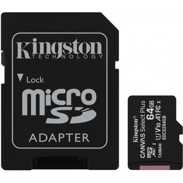 Kingston Canvas Select Plus 64GB Class 10 UHS-I A1 microSD kaart met SD-kaart adapter