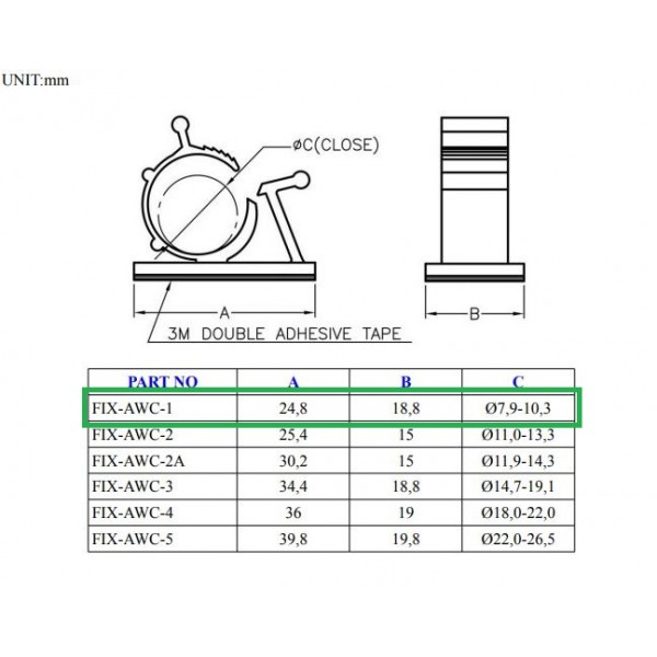 Self-adhesive Cable Clip - Round - 7.9-10.3mm
