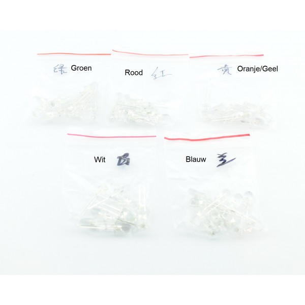 LED set 5mm - Groen - Rood - Geel - Blauw - Wit - 50 stuks - Helder
