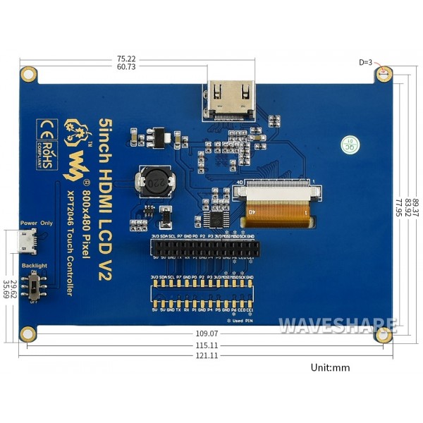 Waveshare 5 inch HDMI TFT-LCD Display 800*480 pixels with Touchscreen - Raspberry Pi Compatible