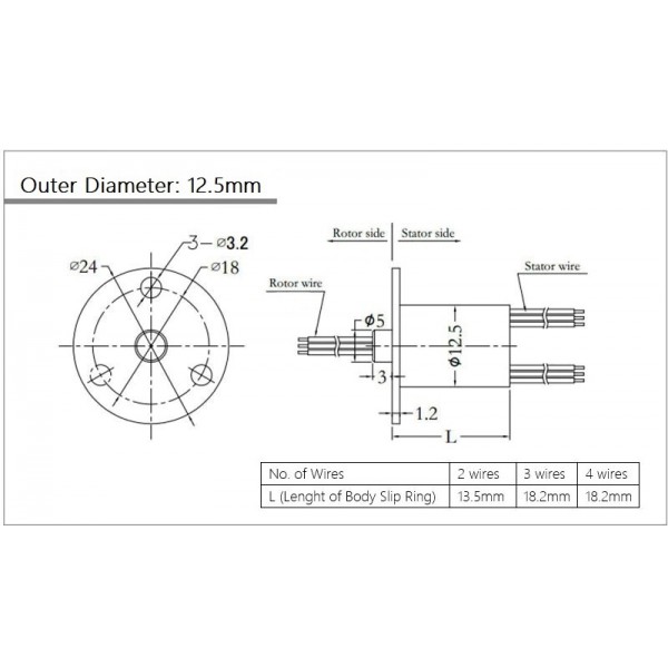 Slip Ring with Flange - 12.5mm Diameter - 2 Wires - 5A