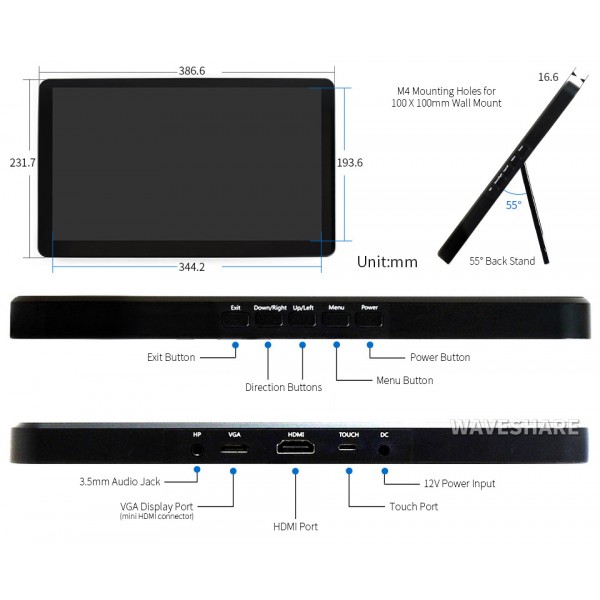 Waveshare 15.6 inch HDMI IPS-TFT-LCD (H) Display 1920*1080 pixels met Touchscreen en Behuizing - Raspberry Pi Compatible