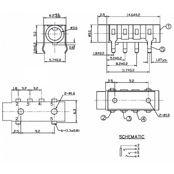 Audio Jack - 3.5mm Female TRRS - PJ-313B - 17mm