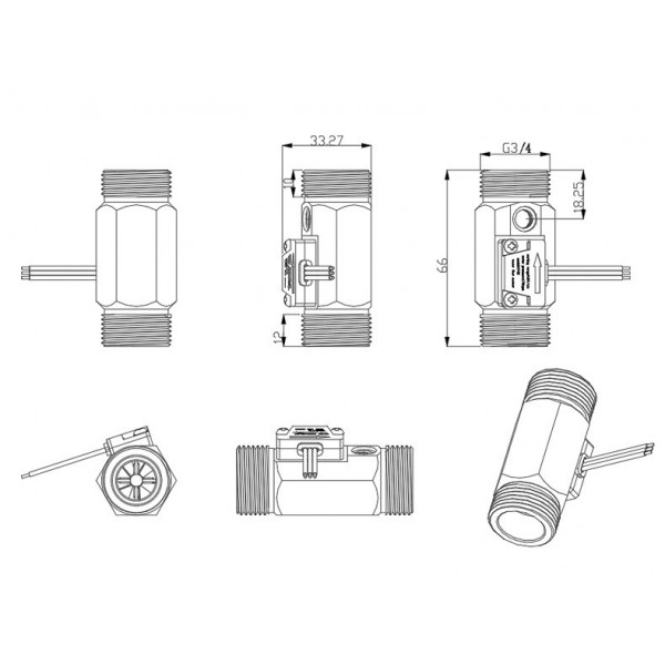 YF-B6 Water Flow Sensor met Temperatuur Sensor - Messing - G3/4