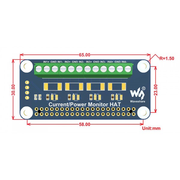 Waveshare Stroom Spanning en Vermogen Monitor HAT - 4 Kanalen - voor Raspberry Pi