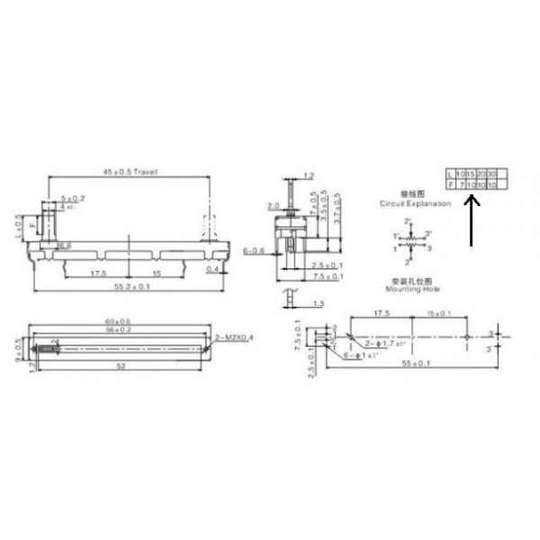 10kΩ Slide Potentiometer - 2 Channels - Linear - 60mm