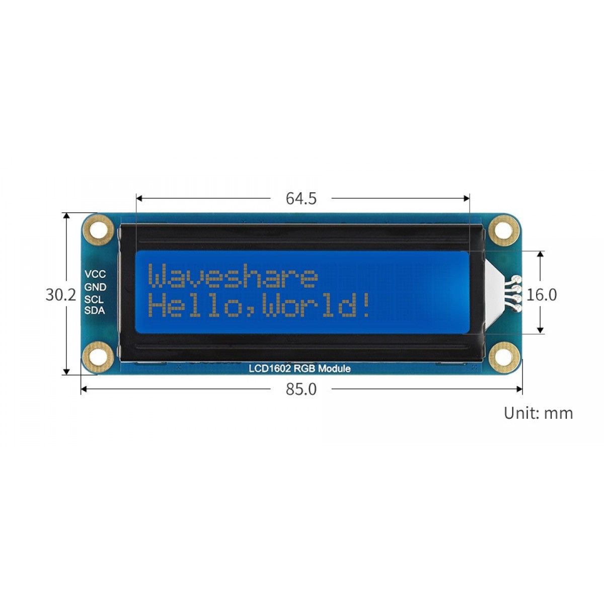 Waveshare 16x2 LCD Display met RGB Blacklight - I2C - WS-19537