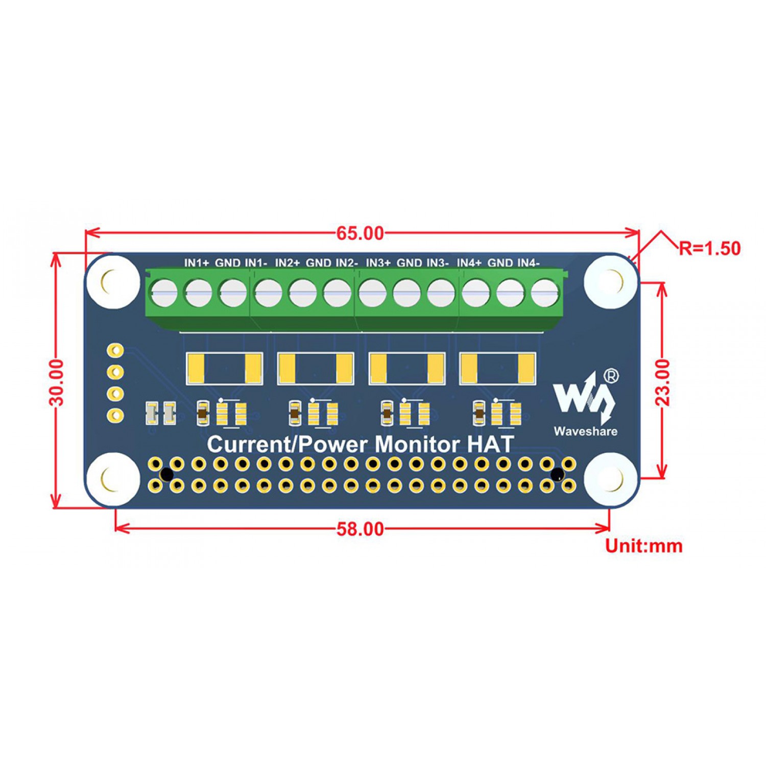 Waveshare Current Voltage and Power Monitor HAT 4 Channels for